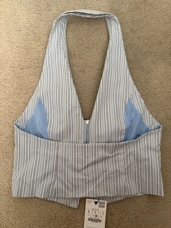 BNWT Zara Blue, Cream & Brown Striped Collared Vest Halter Top - Image 9