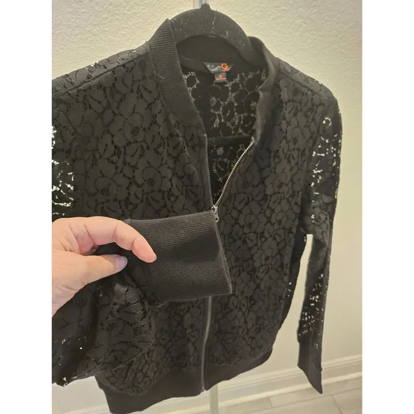 ​G By Guess Medium Black Floral Lace Full Zip Bomber Jacket Women Ribbed Trim - Image 3