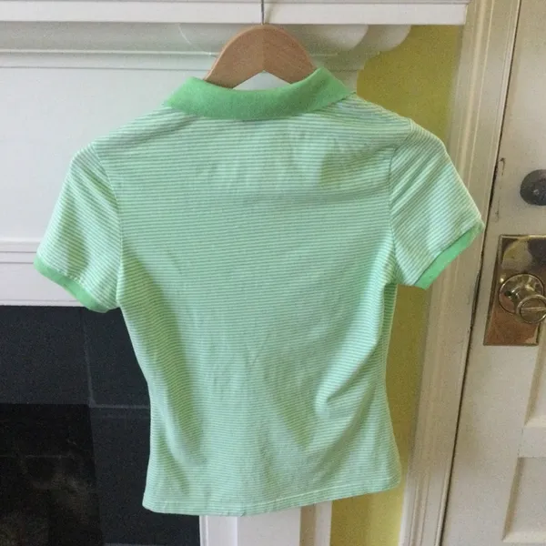 Y2K Polo Shirt Stretch Green Striped - Sz Medium - Image 4
