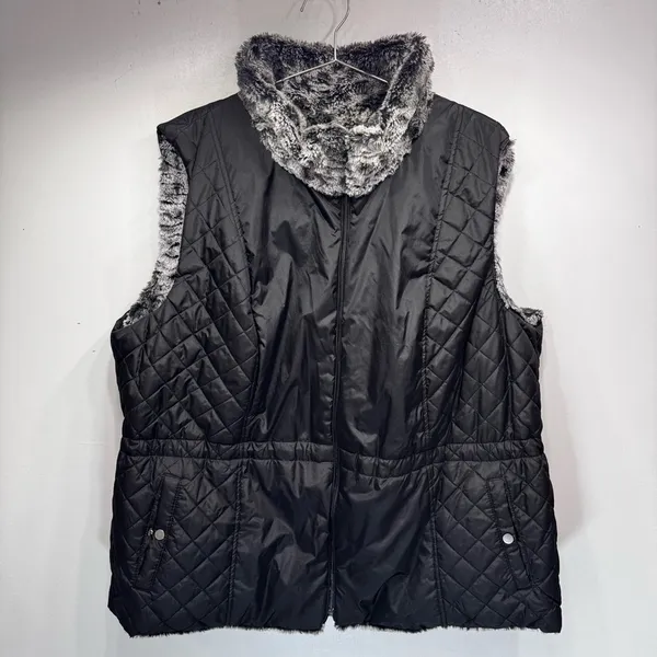 Reversible Vest Leopard Faux Fur Quilted Black with Fur Trim Vintage Y2K Mobwife - Image 4