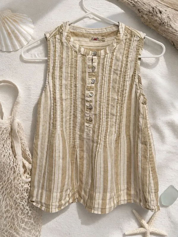 Faherty Isha Linen Tank Top XS Natural Bombay Stripe Sleeveless Coastal Boho - Image 3