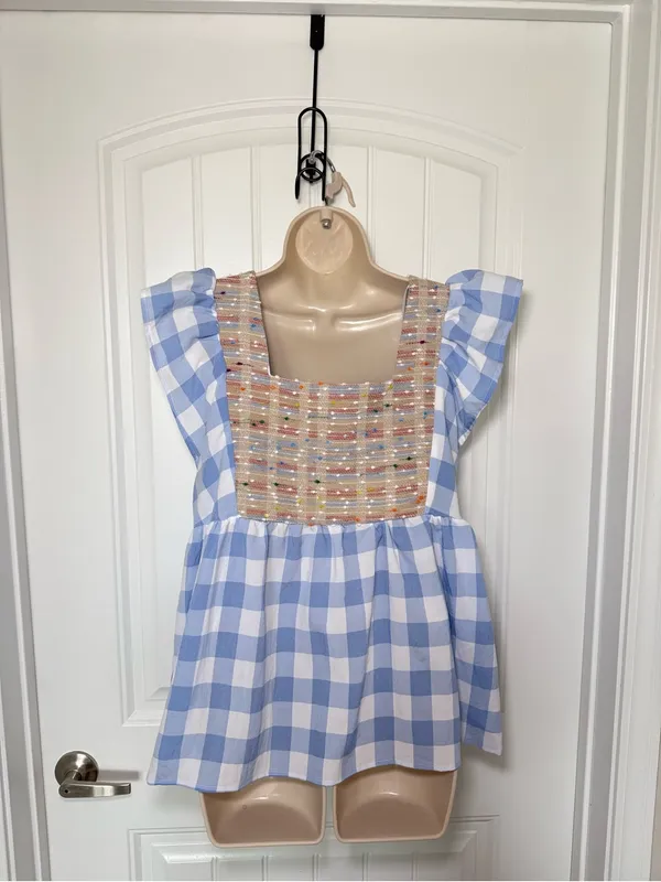 Entro Small Blue Gingham Ruffle Sleeve Beaded Square Neck Babydoll Top Coquette - Image 2