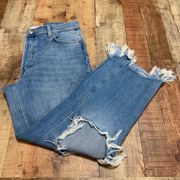 Free People Medium Denim Straight Leg Distressed Maggie Jeans Sz 28 Frayed Hem - Image 2