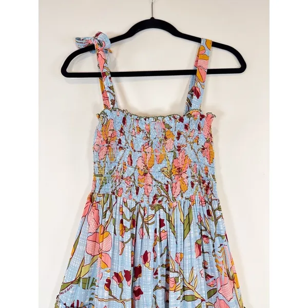 Poupette St Barth Dress Blue Midi Kleid Triny Floral Tank Tiered Smocked Boho XS - Image 11