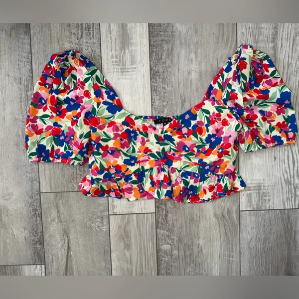 FORE Vibrant Floral Puff Sleeve Indie Peplum Fairycore Crop Top size medium - Image 9