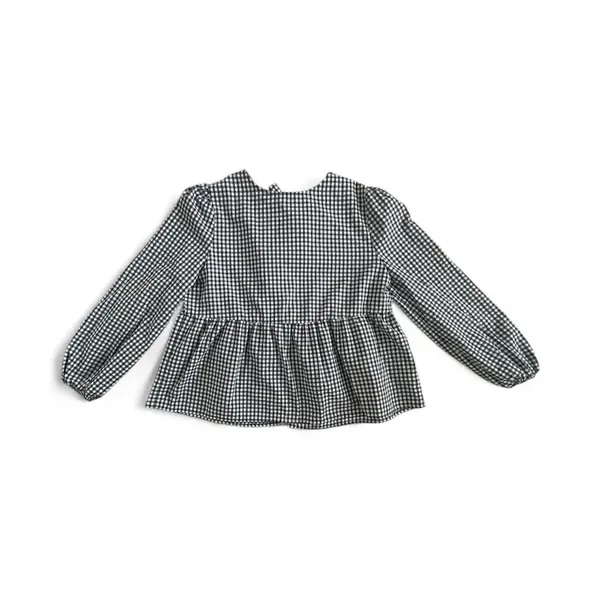 Gingham Navy White Puff Long Sleeve Babydoll Blouse with Front Bows size L - Image 2