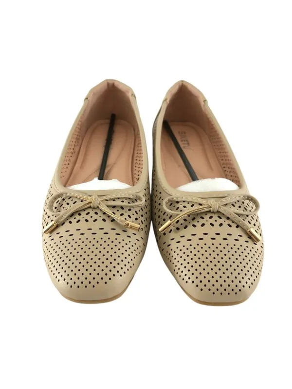 Womens Ballet Flats Faux Leather Laser Cut Bow Beige Nude Shoes Size 41 US 10 - Image 2