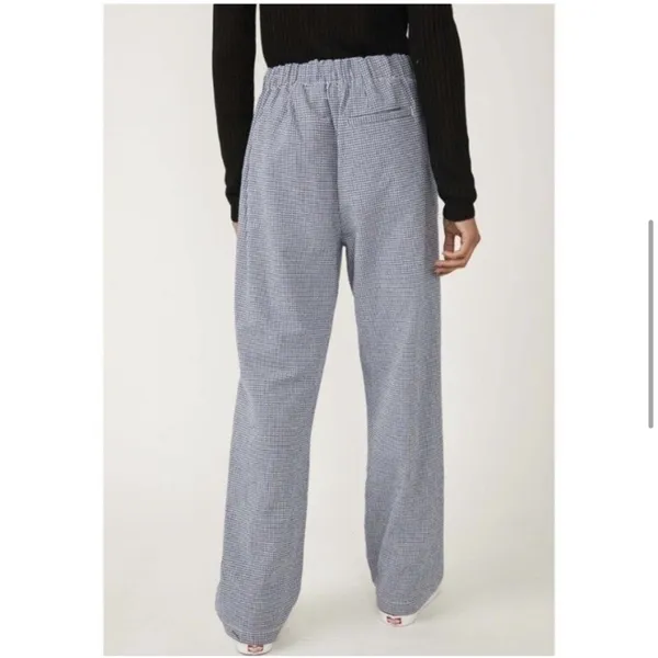 Free People Kate Gingham‎ Pants Navy White 100% Cotton Straight Leg Size Medium - Image 2