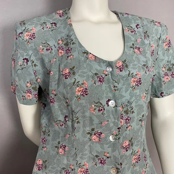 Vintage Floral Dress Shell Buttons Shirred Smocked Midi Cottagecore Summer Fall - Image 11
