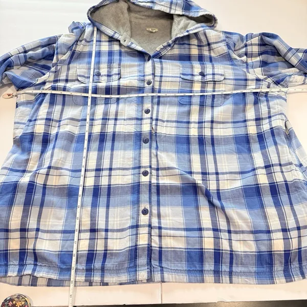 LL Bean Blue Plaid Sherpa Lined Flannel Hoodie Shirt Jacket Shacket Pockets 3X - Image 7
