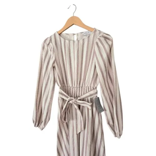 Petal & Pup Striped Linen Blend Smocked Midi Dress Cream Wine Long Sleeve XS NEW - Image 5