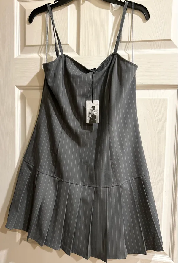 Sincerely Jules Pinstripe Pleated Drop-Waist 90s Vintage Aesthetic Mini Dress L - Image 6