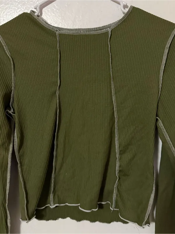 Olive Green Ribbed Seam-Detail Sweater - Image 2