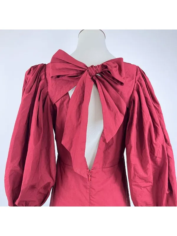 NWOT Farm Rio Cotton Long Sleeve Bow Tie Open Back Mini Dress Red Sz S - Image 7