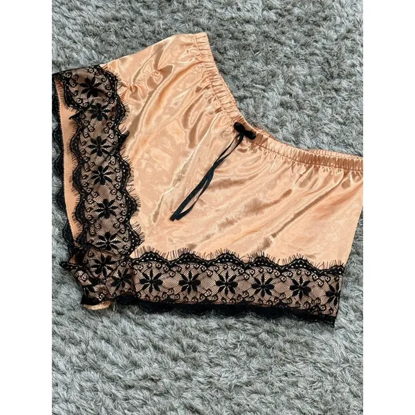 Women’s Satin Tap Shorts Black Lace Trim Lounge Sleep Pajama Pants Beige Size XL - Image 3