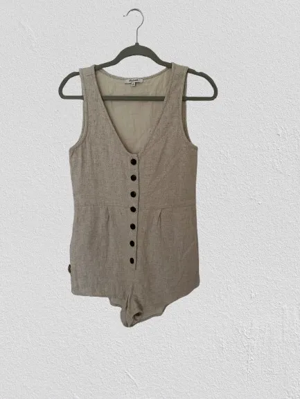 Madewell V-Neck Button Down Romper Womens Linen Blend Sleeveless Beige, Sz 00 - Image 2