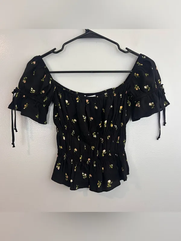 Reformation Solis Briar Black Floral Off the Shoulder Milkmaid Boho Top Small - Image 2