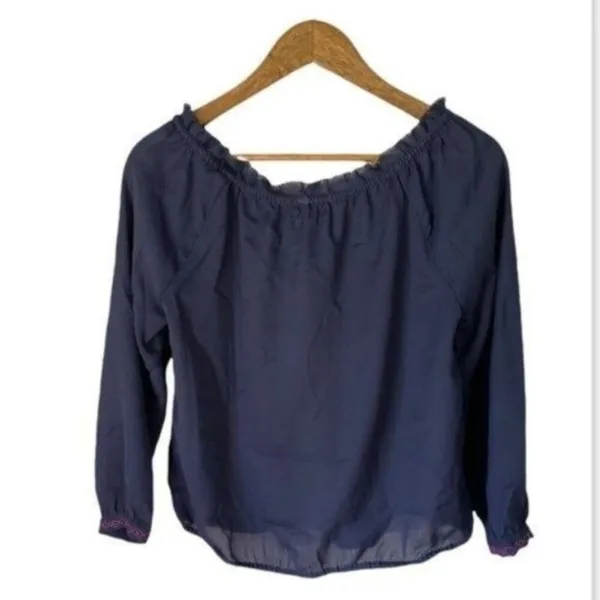 American Eagle Medium Sheer Blue Boho Peasant Blouse Pink Embroidery Tassel - Image 3