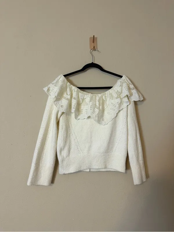 Maeve‎ Anthropologie Lace Collar Off Shoulder Cardigan Sweater Ivory Size Medium - Image 8