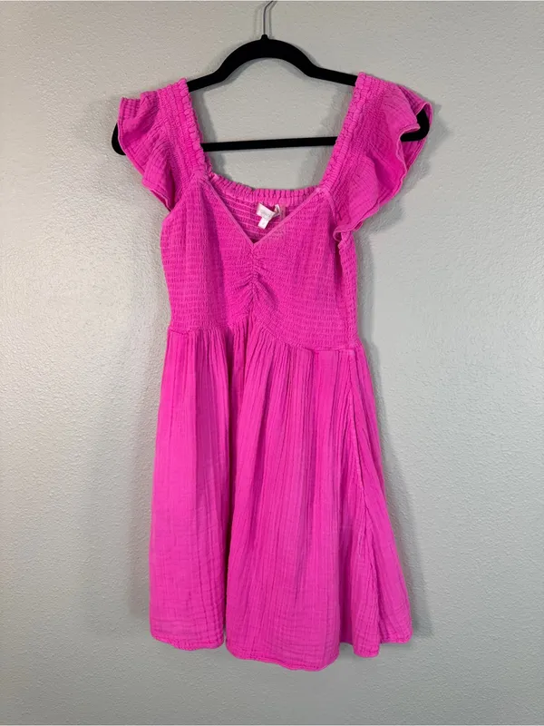 Love Shack Fancy Athalia Hot Pink Cotton Mini Dress Womens S Flutter Sleeve - Image 9
