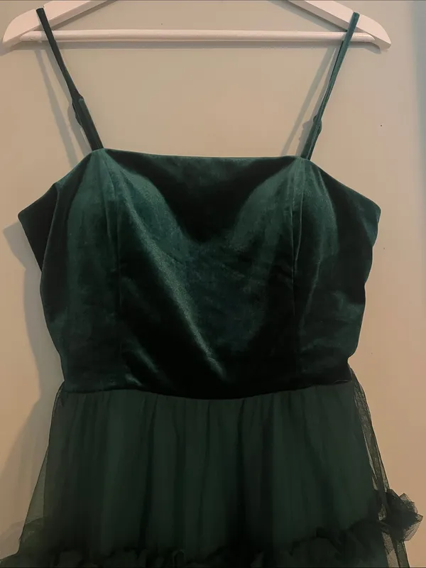 Girls Dark Green Velvet & Tulle Ruffle Party Dress - Image 3