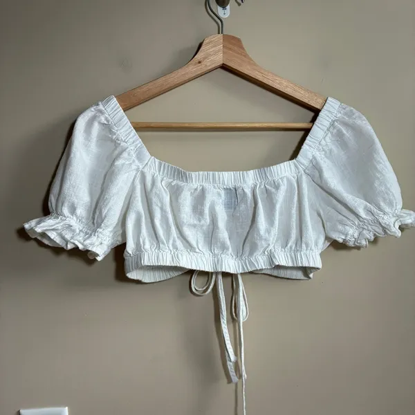 Princess Polly Tie Front Crop Top Size 4 White Womens Cotton Puff Sleeve - Image 5