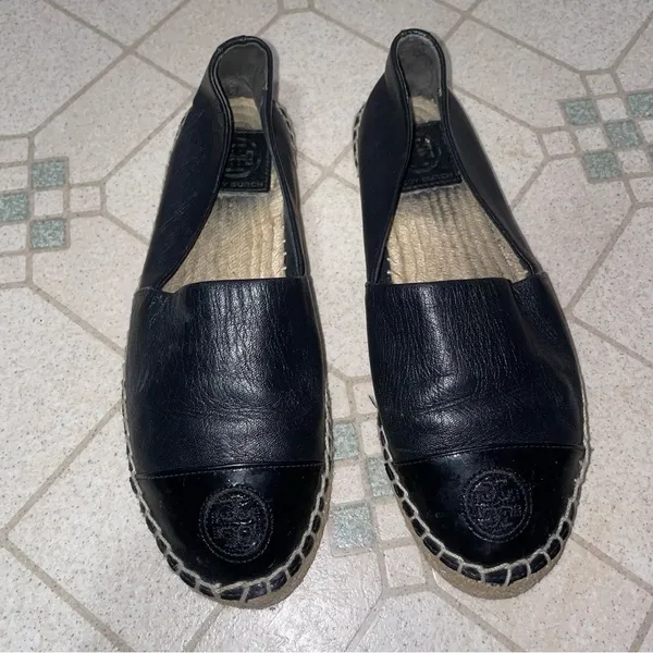 Tory Burch Black Leather Logo Cap Toe Espadrille Flats Women Size 6.5 ColorBlock - Image 3