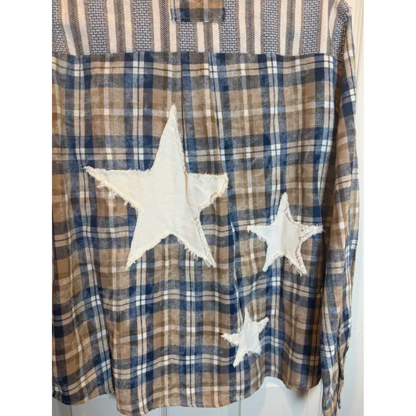 Easel Mixed Media Patchwork Plaid Striped Star Button Down Shirt Blue Size Small - Image 6