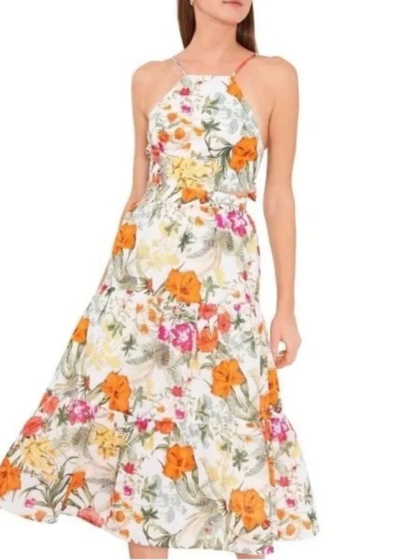 Chelsea & Violet Tropical Floral Print Tiered Midi Dress Linen‎ Blend Tie Back - Image 2