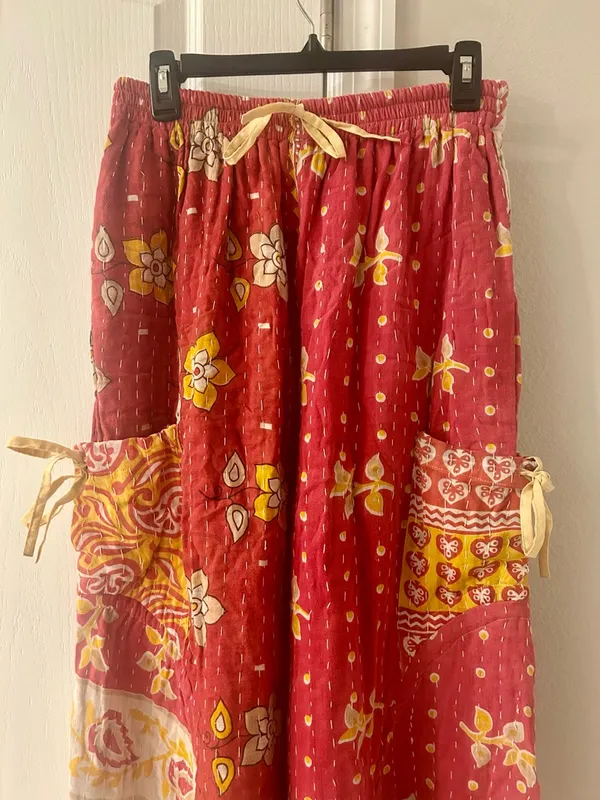Red and Pink Floral Boho Kantha Jogger Pants - Image 2