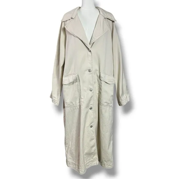 Free People Perry Military Duster Trench Coat in French Oat Grunge Denim Medium - Image 8