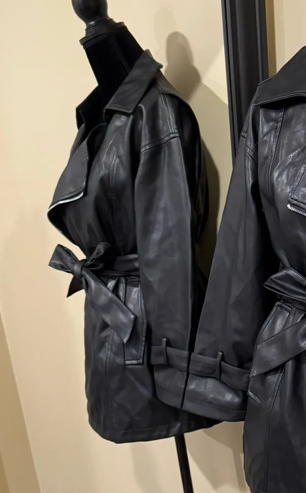 Faux Leather Jacket Pu Leather Coat Trench Parka Fall Coat Motorcycle Jacket Black Size XS - Image 3