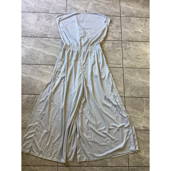 Halara NWOT Light Blue Waffle Knit Wide Leg Jumpsuit Surplice Wrap Neck Large - Image 6