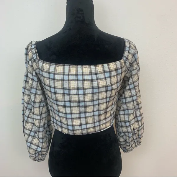 Zara Women's M Blue Cream‎ Plaid Ruched Chic Cottagecore 3/4 Sleeve Blouse - Image 5
