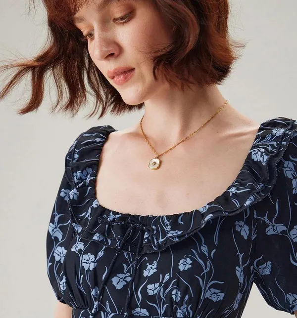 RIHOAS Navy Floral U-Neck Puffed-Sleeve Maxi Dress - Image 4