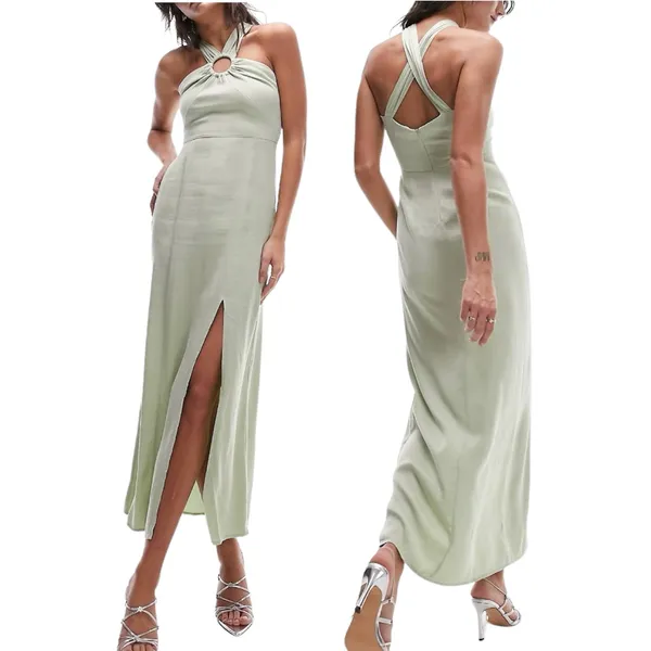 New Topshop Ring Detail Halter Neck Side Slit Maxi Dress Sage Green Size 6 - Image 3