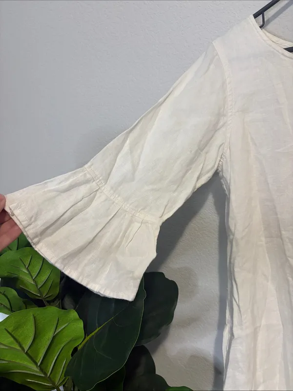 Cream linen Mini Dress with Ruffle 3/4 Sleeves - Image 3