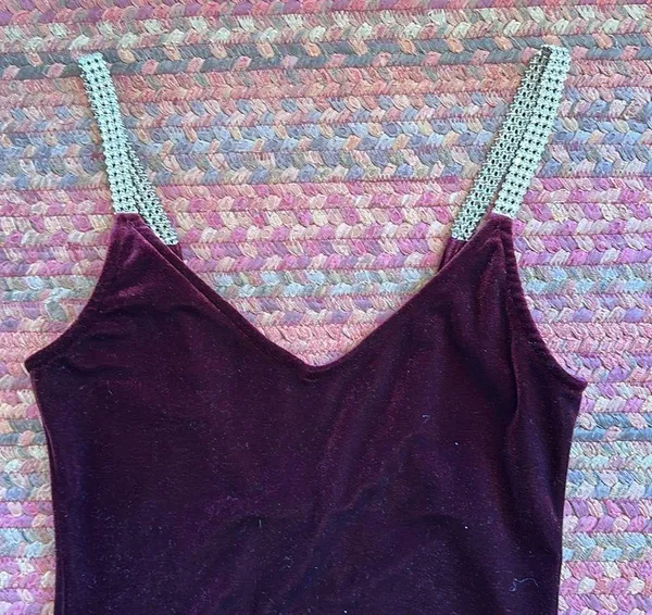 Maroon Velvet Rhinestone Strap Bodysuit One Piece - Image 2