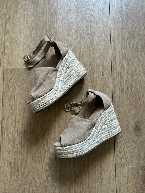 Neutral Suede Espadrille Wedge Sandals with Ankle Strap Tan Size 6.5 - Image 2