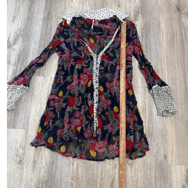 Free People Thunder Canyon Tunic Floral Button Front Sheer Navy Blue Boho Large - Image 6