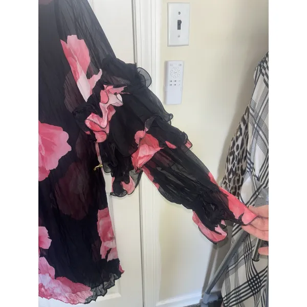 TOV Los Angeles Red Black Floral Ruffle Sleeve Sheer Crinkle Midi Dress 44 XL - Image 8