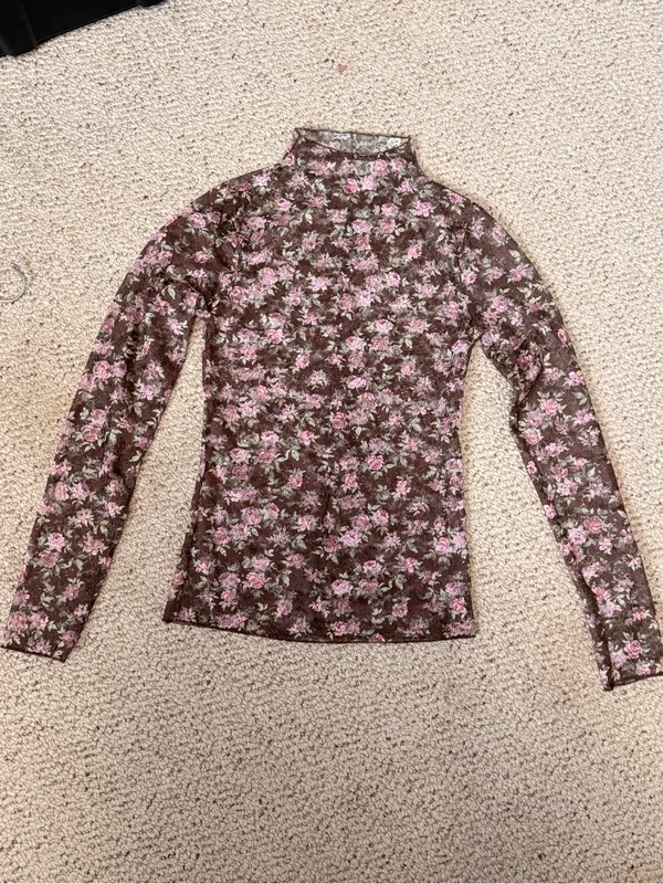 New In Floral Mesh Mock Neck Top Brown‎ Pink Rose Print M - Image 2