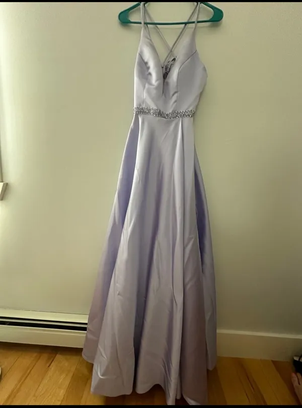 JJ's House Purple Satin A Line Open Corset Back Prom Dress - Image 5