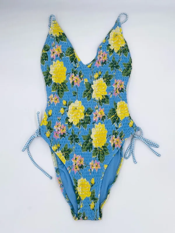 Aerie Smocked Plunge One Piece Swimsuit Size Small Blue Yellow Floral Beachy - Image 4