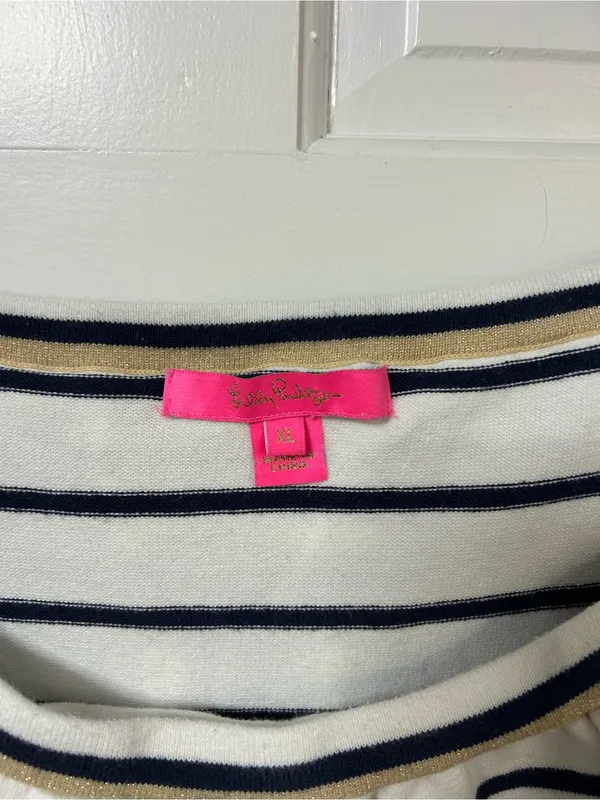 Lilly Pulitzer Navy & White Striped Off-Shoulder Ruffle Tank - Image 2