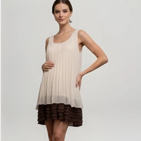 NEW Anthropologie Ryu Pleated Ruffle Babydoll Dress SMALL Sleeveless Beige/Brown - Image 5