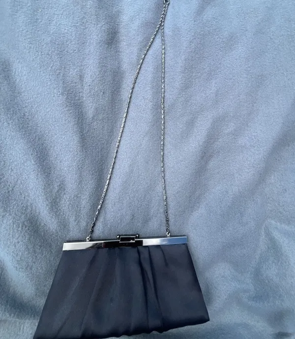Black Satin Evening Clutch With Silver Chain Strap and Kiss Lock Frame - Image 13
