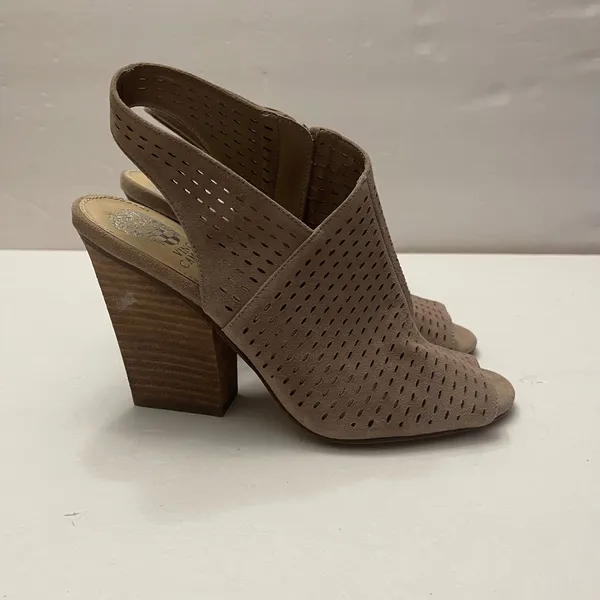 Vince Camuto Kellija Taupe Suede Perforated Peep Toe Block Heel Booties Size 7.5 - Image 5