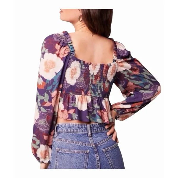 Band of the Free NWT Floriane Purple Floral Balloon Sleeve Crop Top Women Large - Image 2