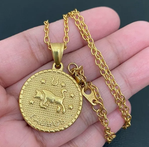 18K Gold plated Taurus Zodiac Sign Quarter Coin Pendant 20” Necklace 15.7g - Image 2